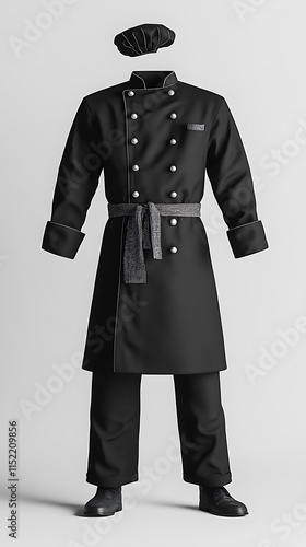 Elegant black chef uniform mockup with toque, pants, and coatee isolated on a plain background photo