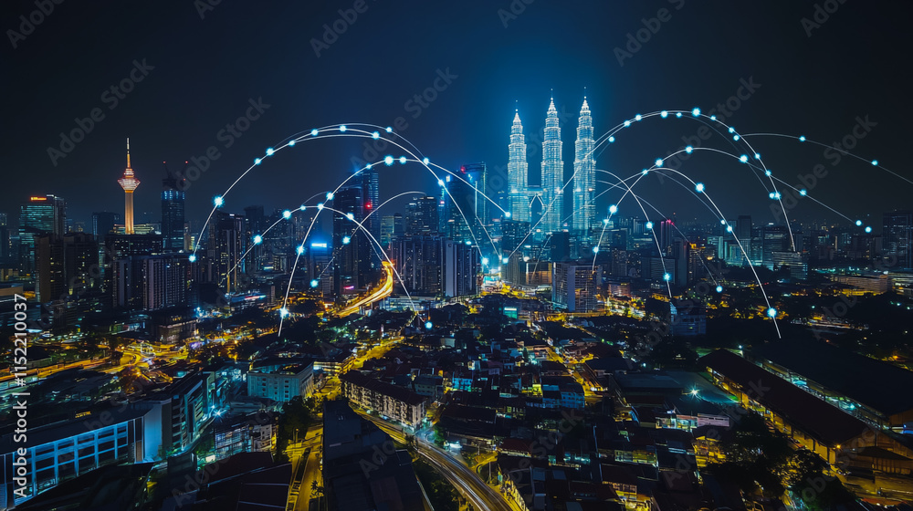 Obraz premium Smart digital city with connection cyber security network reciprocity over the cityscape . future smart wireless digital city and social media networking systems that connects people within the city