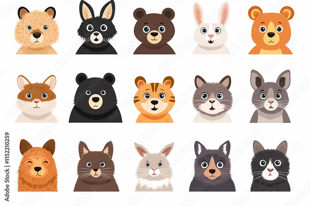 Fototapeta premium Cute Illustrated Animal Faces Collection for Kids and Education