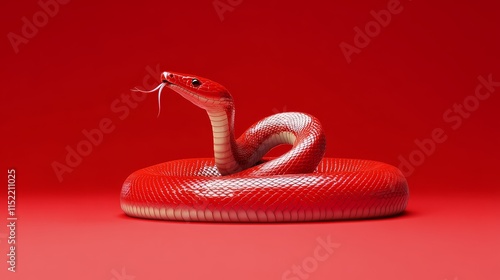 Red Festive 3D Snake Illustration - A vibrant red 3D  snake coiled on a matching background. Symbolizing: power, danger, transformation, mystery, celebration. photo