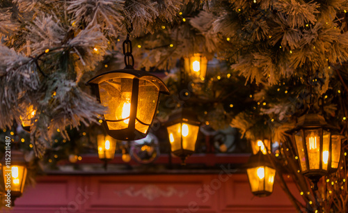 A Christmas tree decorated with large glowing lanterns. Background for Christmas wallpapers and postcards. photo