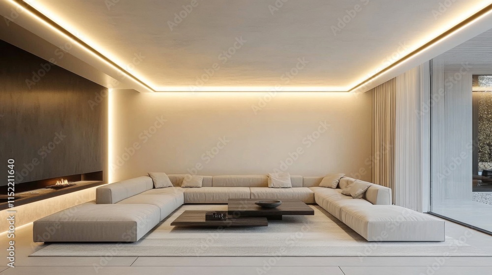 Fototapeta premium Installing sleek modern LED lighting enhances a minimalist living room.