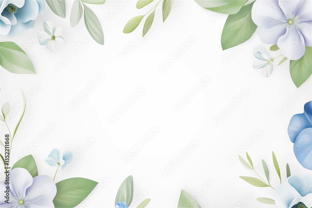 A soft floral frame with light pastel flowers and green leaves on a white background, offering ample copy space for elegant designs. A soft floral frame with light pastel flowers and green leaves on a white background, offering ample copy space for elegant designs.