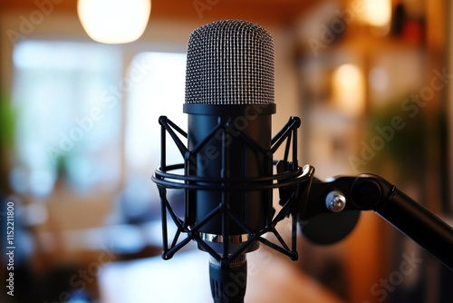 Black Condenser Microphone In A Home Studio Setting