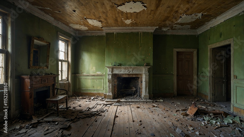 An abandoned room, filled with the remnants of its past. Faded green walls, a broken fireplace, and scattered debris create a mood of quiet decay.