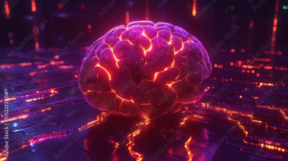 Obraz premium Glowing brain on a circuit board, representing AI and neural networks.
