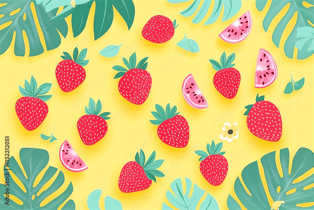 Bright tropical fruit pattern featuring strawberries, watermelon, and green leaves on a yellow background. A cheerful summer concept. Bright tropical fruit pattern featuring strawberries, watermelon, and green leaves on a yellow background. A cheerful summer concept.