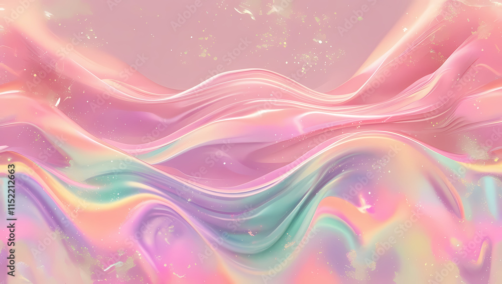 Fototapeta premium Pastel Dream: Abstract iridescent waves of pink, purple, and teal create a dreamy, ethereal landscape. Perfect for designs needing a soft, flowing, and colorful background. 