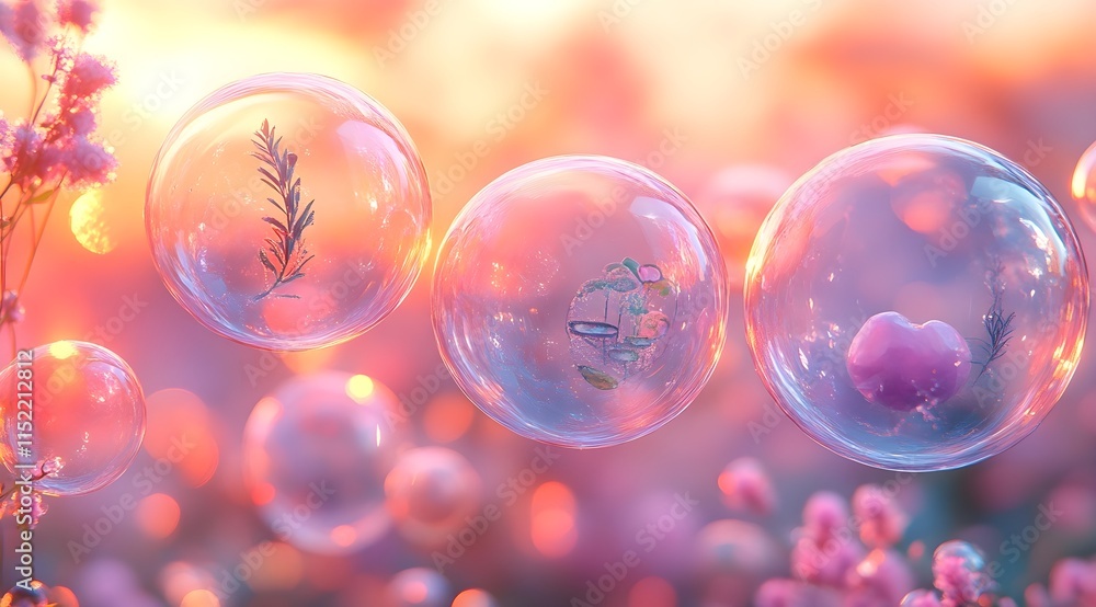 Whimsical bubbles embodying thoughts drift against a vibrant sunset - Generative AI. Whimsical bubbles embodying thoughts drift against a vibrant sunset - Generative AI.