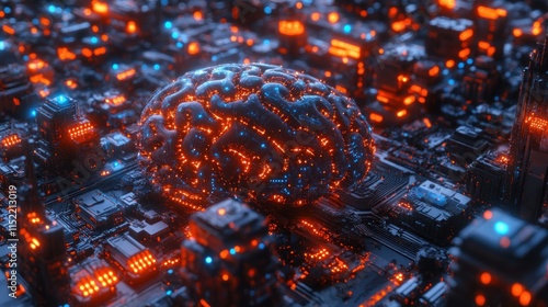 Glowing brain on circuit board, AI concept. (2) photo