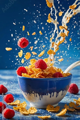 Experience the mesmerizing chaos of cornflakes cascading through the air, blueberry, raspberry, strawberry, milk splashing , splash white milk, no bowl, in creative blue morning room background