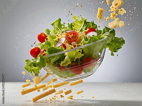 Ingredients for Caesar salad falling into bowl on white background