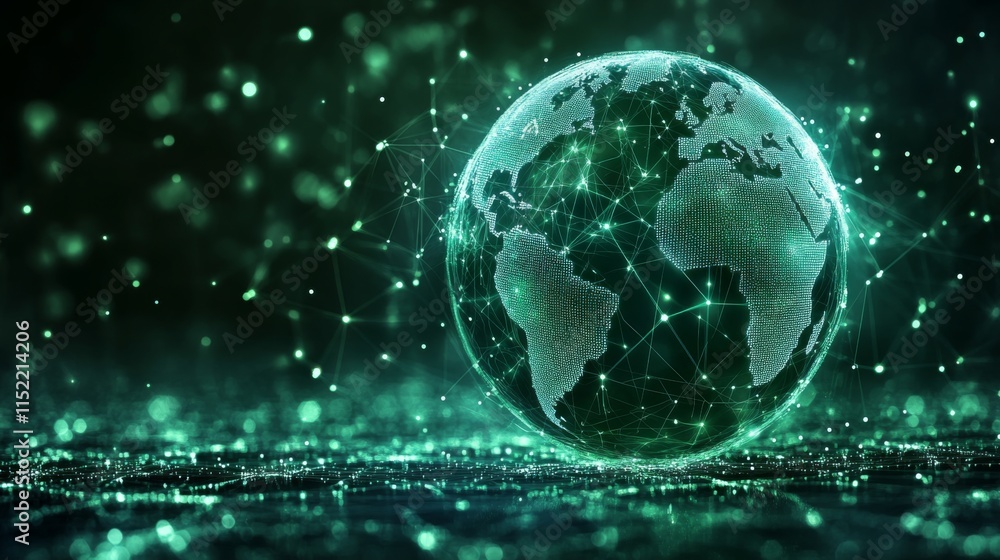 Obraz premium A digital globe showcases continents with a network of glowing nodes and lines, symbolizing connectivity and data exchange, set against a dark background.