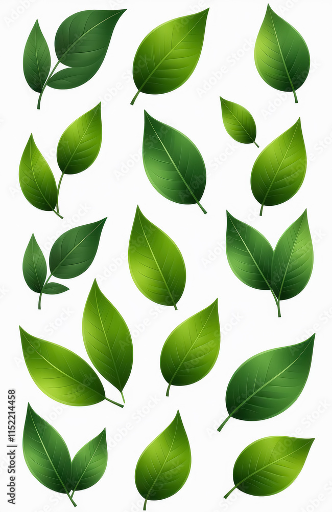 Collection of vibrant green leaves with various shapes on white background Collection of vibrant green leaves with various shapes on white background