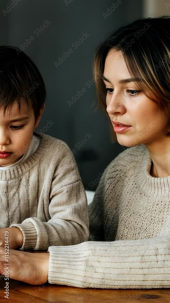Vertical Screen: Mother attentively guides her child through learning, their focus evident on laptop screen. Learning together creates nurturing bond, enhancing family values and study success Vertical Screen: Mother attentively guides her child through learning, their focus evident on laptop screen. Learning together creates nurturing bond, enhancing family values and study success