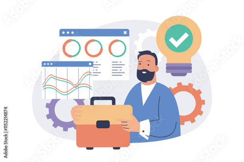 Business analytics web concept with flat cartoon people for website design.