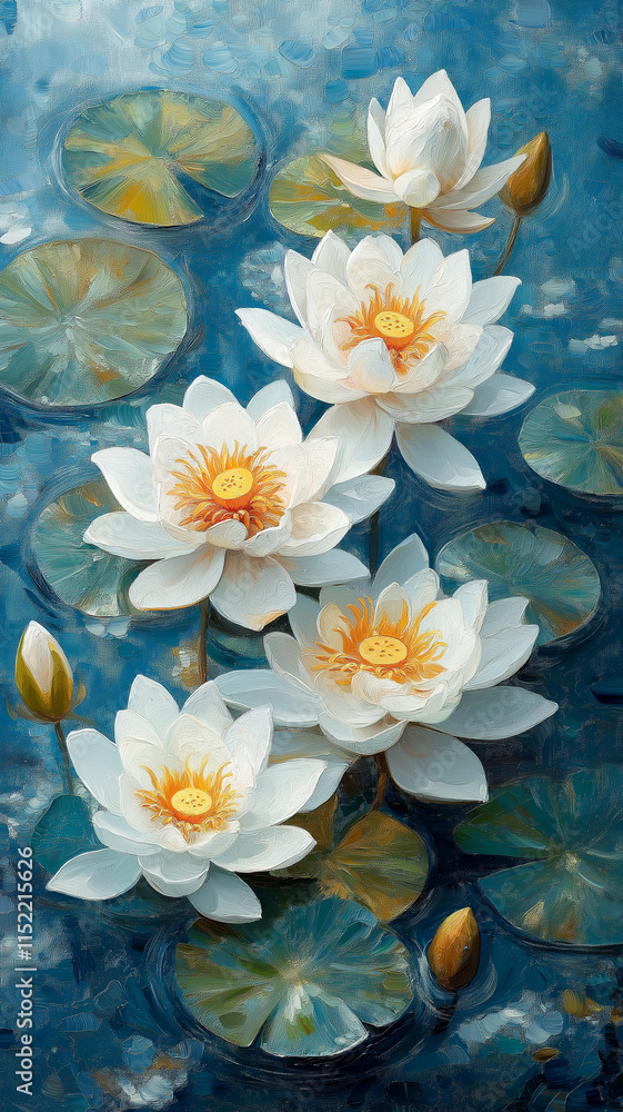 Beautiful white lotus flowers blooming on serene pond Beautiful white lotus flowers blooming on serene pond
