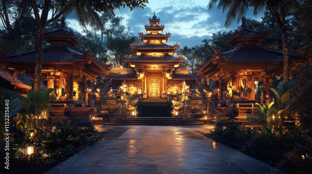 Obraz premium Illuminated Asian temple at dusk, surrounded by lush tropical vegetation and ornate statues.