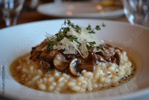 Creamy Mushroom Risotto Dish With Thyme And Parmesan photo