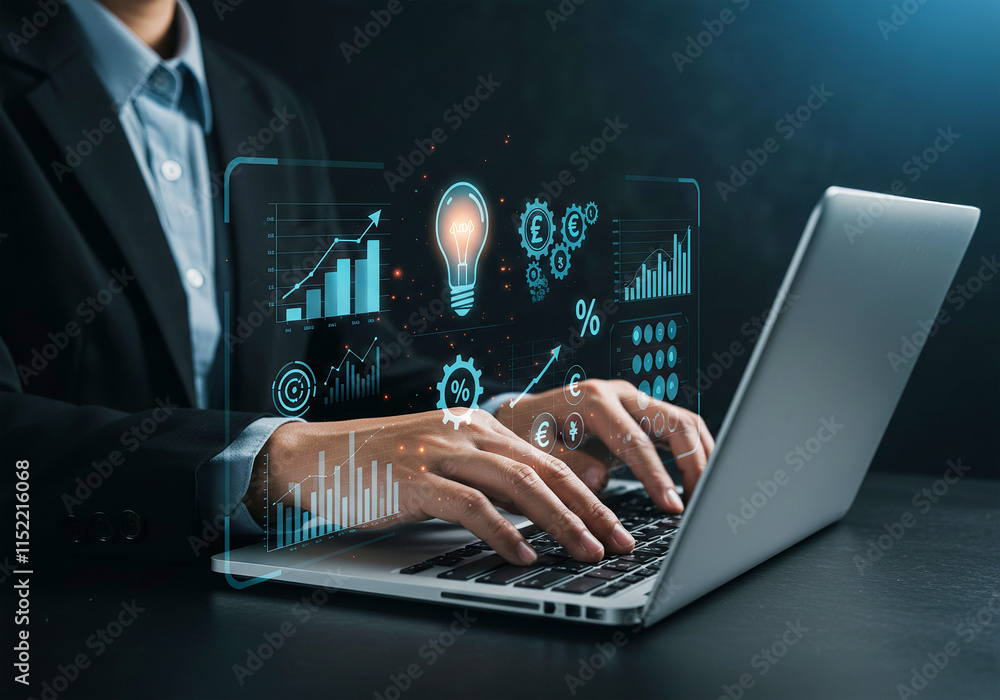 Obraz premium Pricing Strategy and Business Planning Concept. Businessman working on digital interface Pricing Strategy with icons global trade, cost analysis, discounts, and sales optimization. e-commerce.