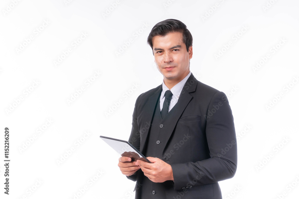 Confident Business man Holding a Tablet computer in a Black Suit, Isolated on White Background, Professional Appearance for Corporate, Technology, and Business Themes Confident Business man Holding a Tablet computer in a Black Suit, Isolated on White Background, Professional Appearance for Corporate, Technology, and Business Themes