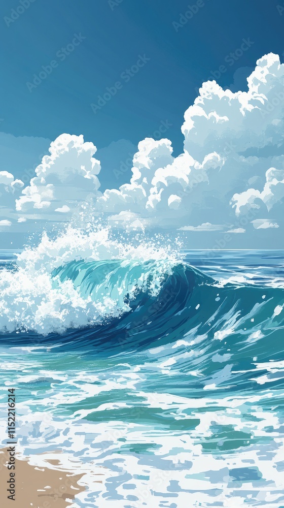 Fototapeta premium Ocean Wave Crashing on Sandy Beach Under Blue Sky