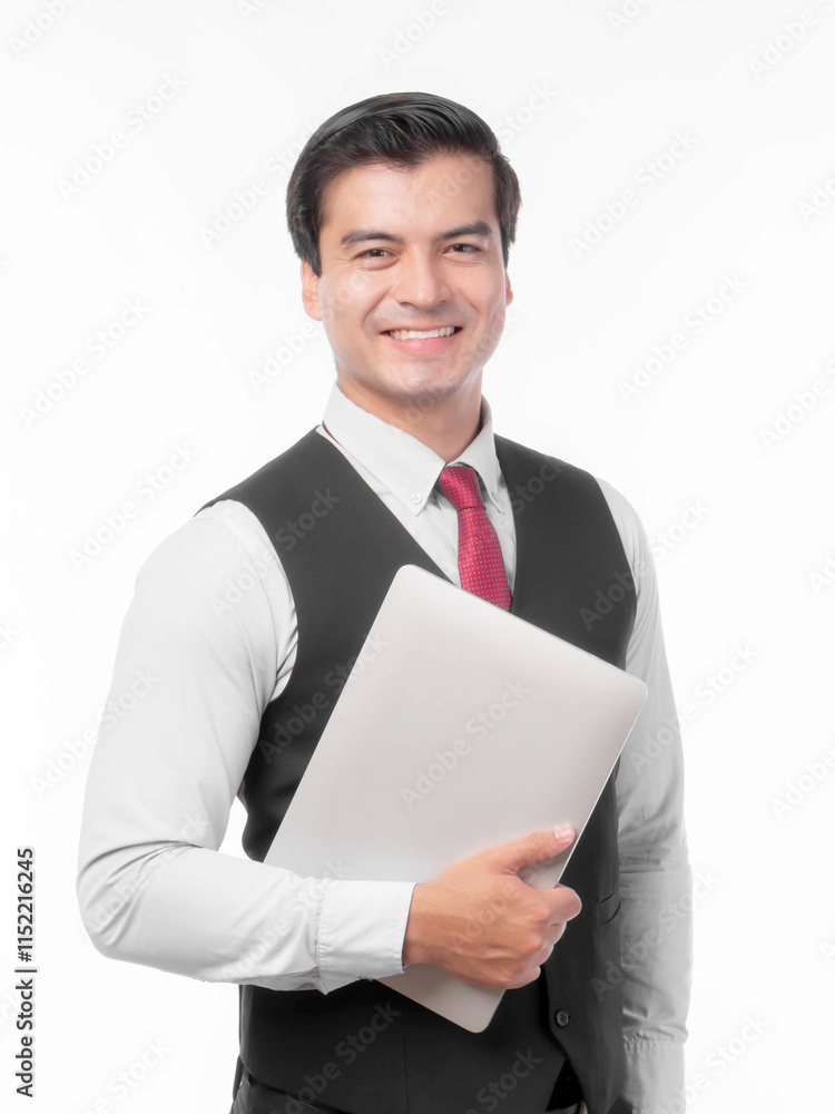 Portrait working Asian business handsome man ware suit holding laptop computer on white background - business concept
