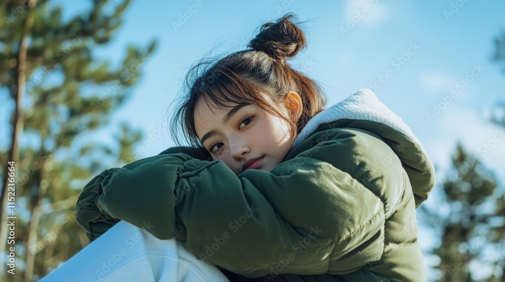 Asian female teen in green winter jacket relaxing outdoors on a sunny day. Asian female teen in green winter jacket relaxing outdoors on a sunny day.