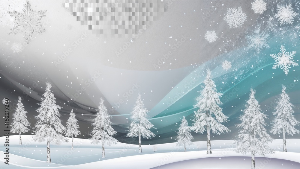 Fototapeta premium A dreamy winter landscape with snow-covered trees and abstract icy blue waves in the background 