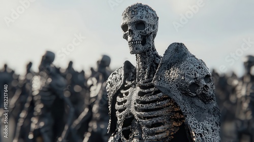 A legion of skeletal figures in stony armor dominates the desolate landscape, under a pale sky. The scene evokes feelings of bleakness and an impending threat.