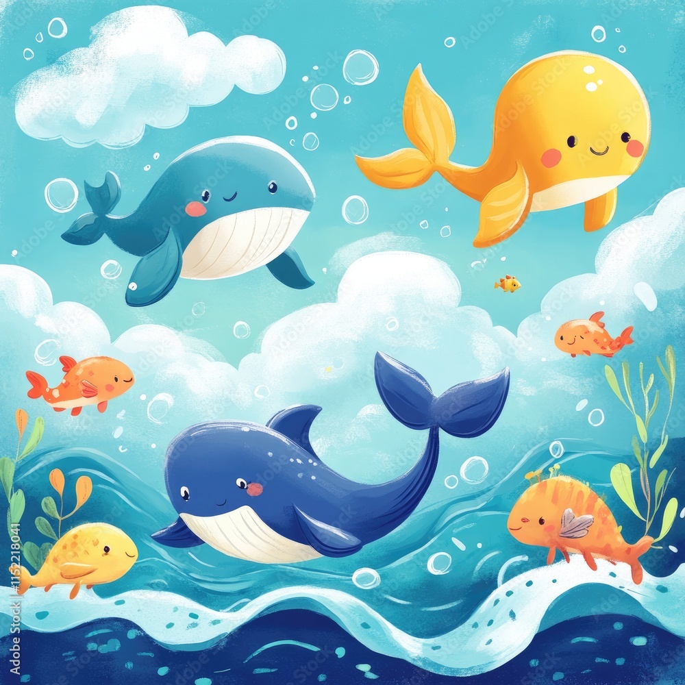 Fototapeta premium Happy Whales and Fish Swim in Ocean Waves