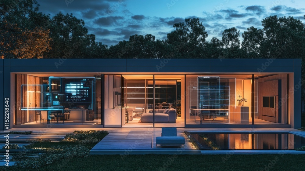 Fototapeta premium Modern smart home with pool at dusk, showcasing interior through large glass windows.