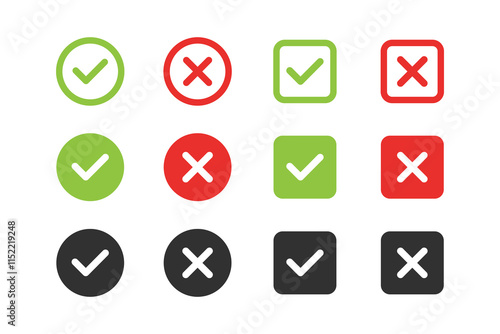 Green check and red cross symbols. Check mark, Tick, and X mark icon. Checkmark and x mark icon. Green checkmark and red cross vector symbol for right and wrong choices.