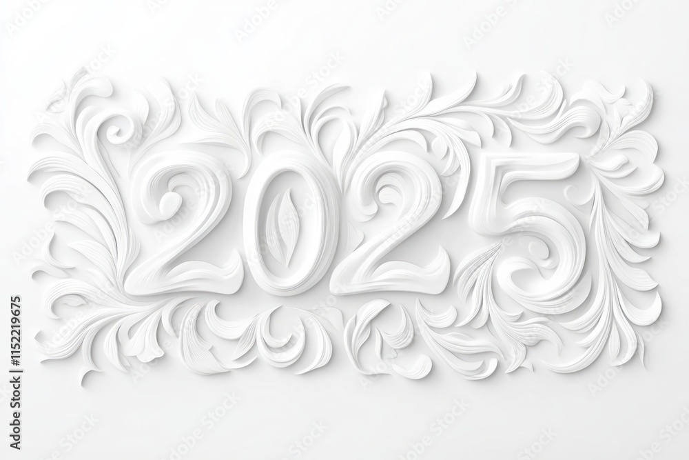 Fototapeta premium Elegant 2025 Paper Art Design. A stunning new year's eve graphic with beautiful white paper art design. A classy and creative illustration for the new year. A perfect piece for your home decor.
