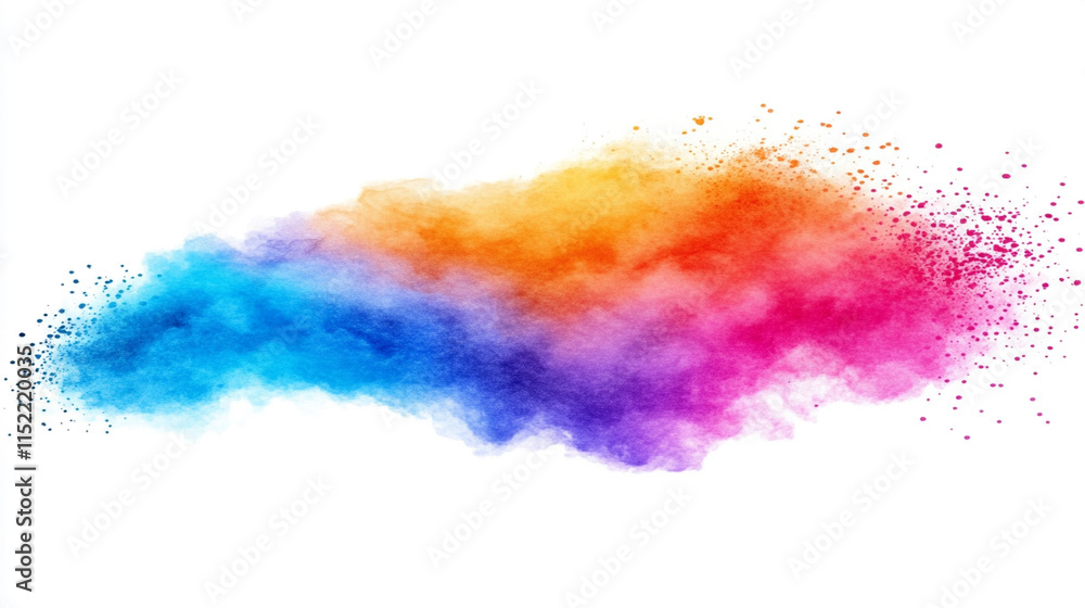 Create a vibrant explosion of colorful powder clouds in mid-air, set against a clean white background.