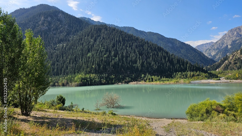 Fototapeta premium A beautiful scene unfolds with majestic mountains rising high into the sky, their peaks dusted with snow. Nestled at the base of these towering giants are tranquil lakes, their crystal-clear waters re