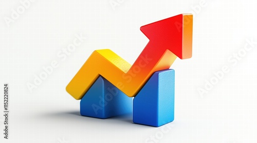 Red and yellow arrow is on top of two blue blocks. The arrow is pointing upward, which could represent growth or progress. The blocks are stacked on top of each other