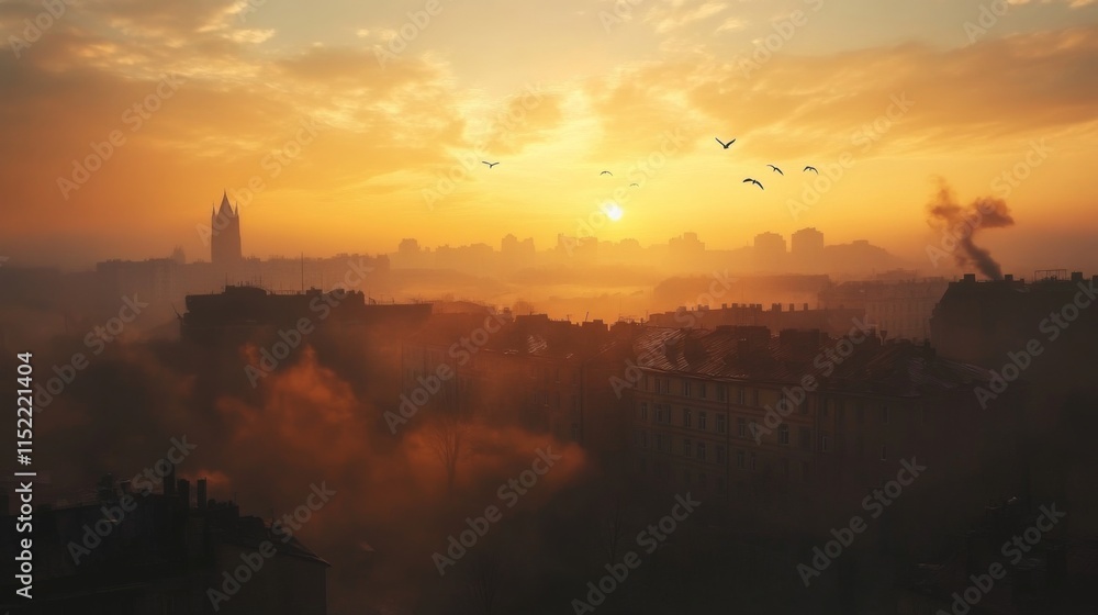 Fototapeta premium Tranquil Evening Skyline with Birds in Distance
