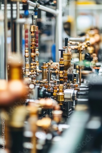 A close-up view of industrial pipes and valves, showcasing intricate plumbing components.