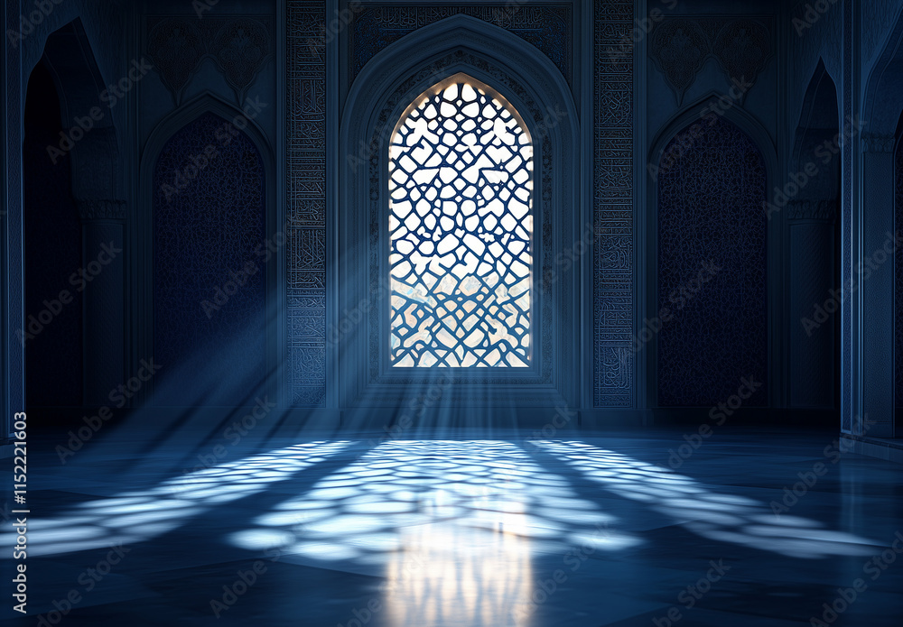 An Islamic-inspired background with an ornate window and light rays shining through it, an empty room An Islamic-inspired background with an ornate window and light rays shining through it, an empty room