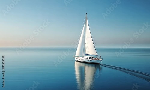 Boat with white sail. Sailing yacht sailing on calm sea on sunny day. Vacation at sea, sea voyage. Sea background