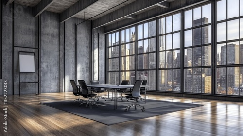 Virtual background depicting a modern open office space with expansive windows.