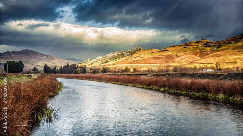 A scenic view of a river winding through a hilly landscape, with varied vegetation and a dynamic, atmospheric sky.
A scenic view of a river winding through a hilly landscape, with varied vegetation and a dynamic, atmospheric sky.