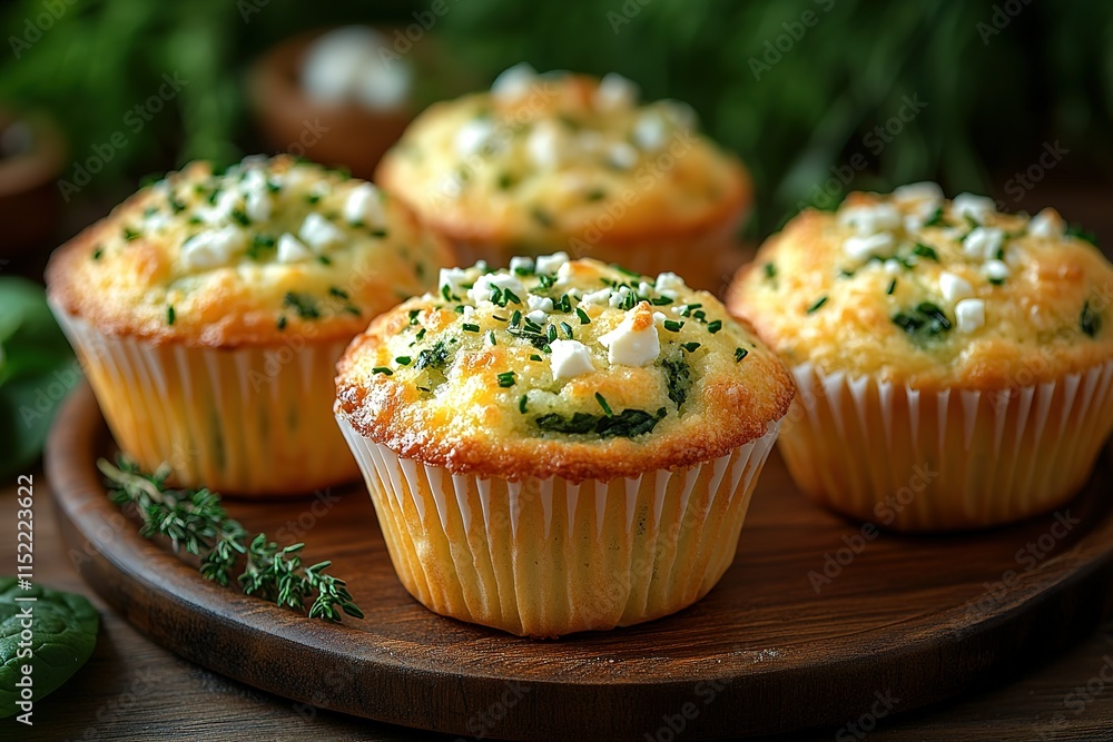 Four muffins with cheese and herbs on top Four muffins with cheese and herbs on top