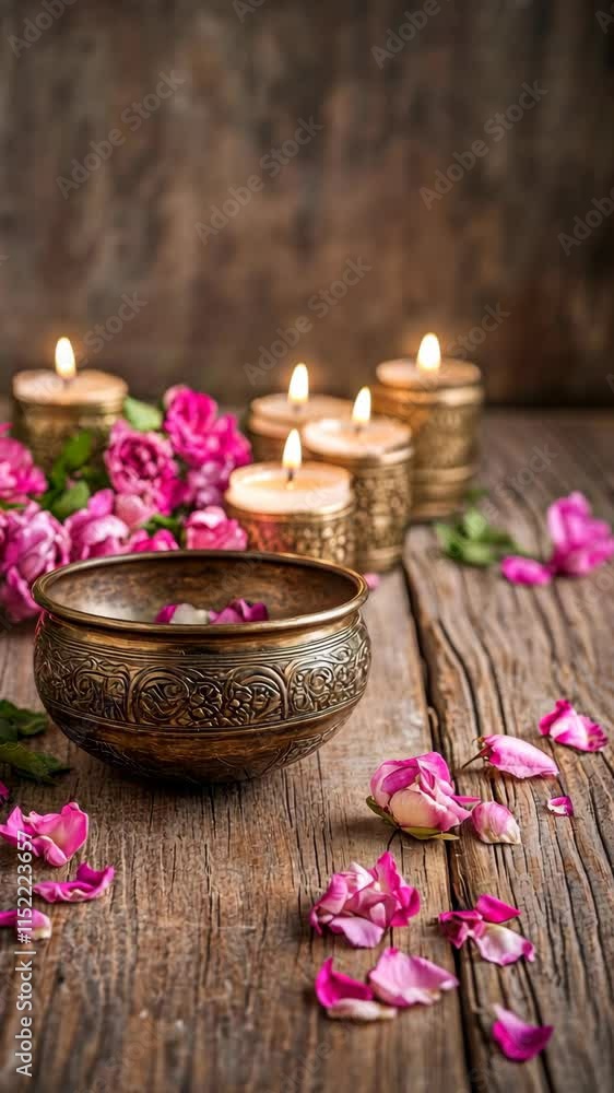 Decorative bowl filled with rose petals and candles set on rustic wooden table during evening ambiance Decorative bowl filled with rose petals and candles set on rustic wooden table during evening ambiance