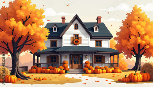 Illustration of a cozy farmhouse with a porch, surrounded by pumpkin decorations, hay bales, and scattered autumn leaves