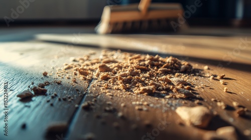 A pile of crumbs on a wooden floor