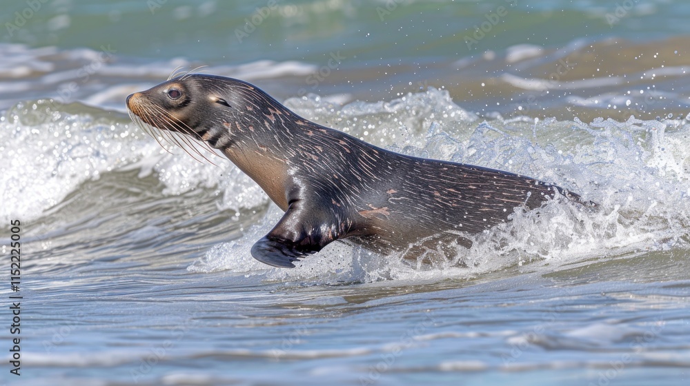 Obraz premium Seal pup emerges from ocean waves, wet fur glistening.