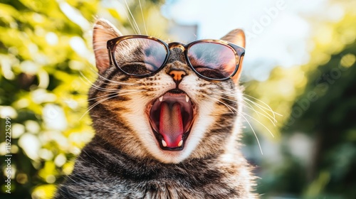 Feline Fashionista Playful Portrait of Tabby Cat in Sunglasses Letting Out a Big Yawn outdoors. photo