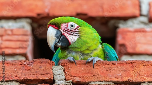 Green macaw perched on a red brick wall, looking curious. photo